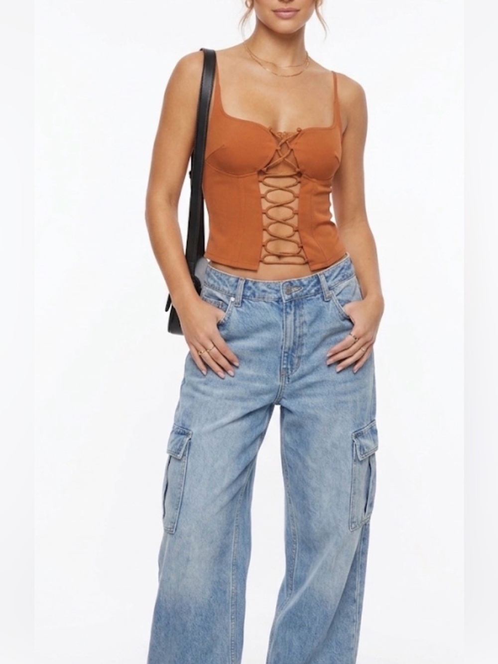 PrettyLittleThing NWT Rust Woven Cut Out Lace Up Crop Top